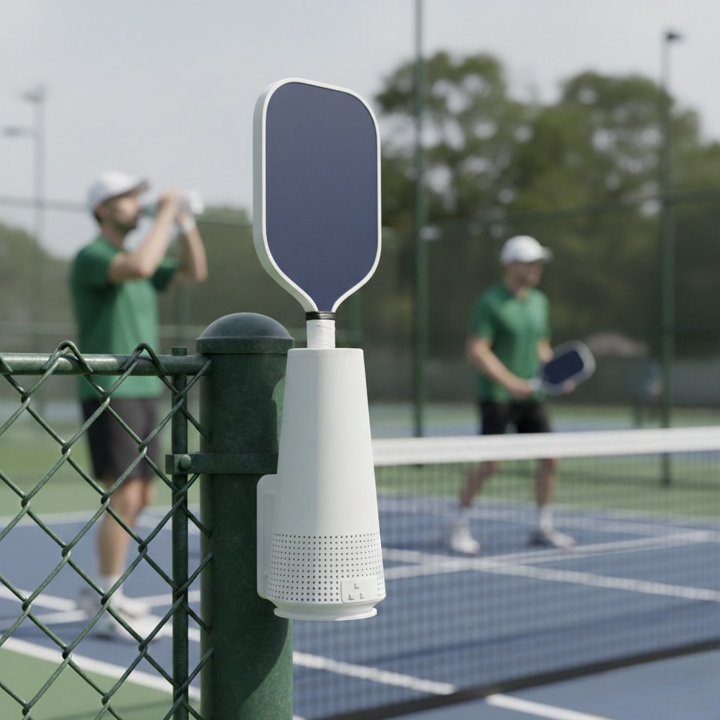 DryPoint courtside grip dryer mounted beside a racket-sport court